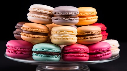 Fototapeta premium A variety of colorful macarons arranged on a glass plate against a black background.