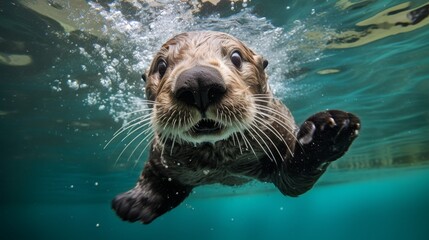 An adorable baby otter is swimming towards the camera.