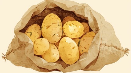 An illustration featuring a charmingly rustic burlap sack filled to the brim with earthy potatoes each spud boasting a rough dirt speckled skin - obrazy, fototapety, plakaty