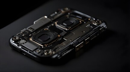 Dual camera and flash on back of black color smartphone on white background