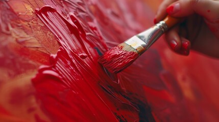 A woman is focused on painting a vibrant red piece of artwork on a canvas. She is using various brushes and colors to create her masterpiece.