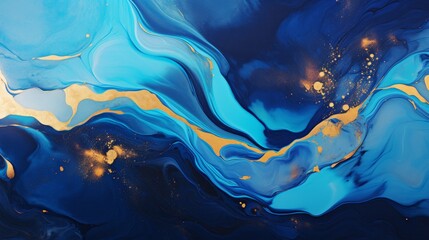 Blue and gold abstract painting with a fluid texture.