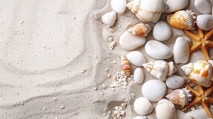 abstract paint background seashells on the sand with beach  view 