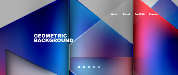 Fototapeta premium A geometric background featuring rectangles, triangles, and shades of blue, red, and gray. The design resembles a facade with a modern and vibrant look