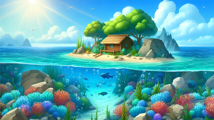 a cartoon illustration of a tropical island with fish and the ocean.