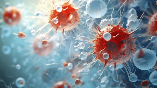A close-up photo of a healthy person's white blood cells attacking and destroying a virus