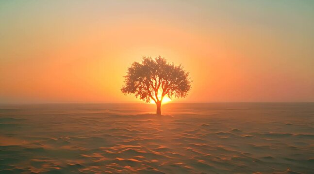 Alone tree in meadow at sunset.