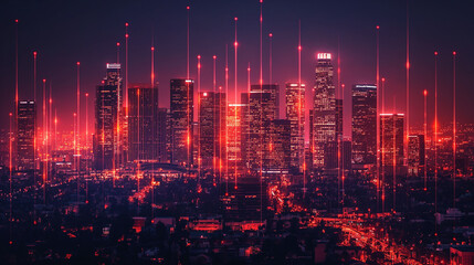 Multi exposure of virtual abstract financial graph interface on Los Angeles cityscape background, financial and trading concept.  - obrazy, fototapety, plakaty