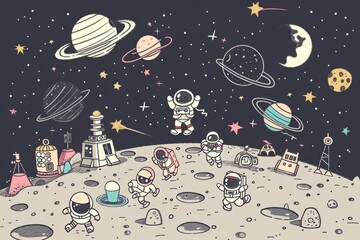 Cartoon cute doodles of a lunar colony on the Moon, with astronauts bouncing around in low gravity, Generative AI