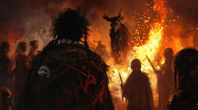 The shadowy figure of a bronco rider their bandana and shirt adorned with tribal patterns and animal skulls looming over a coven of witches gathered around a blazing .