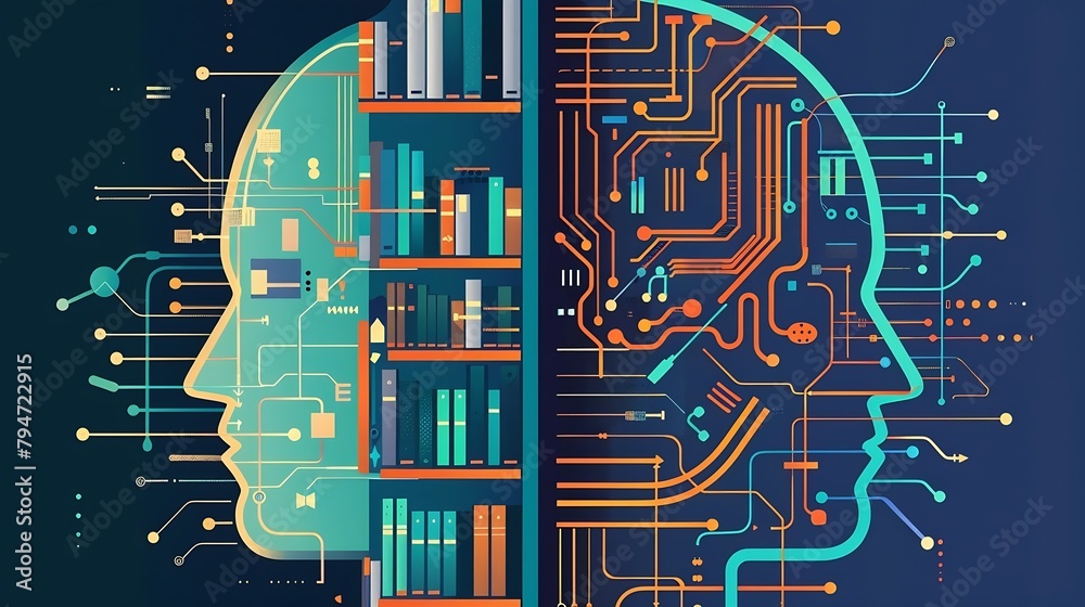 Poster Generative AI : A visually striking graphic that is split into two halves. On one side, depict a traditional library or database to symbolize Large Language Models