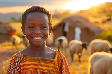 Generative AI : African boy with a traditional African village and sheep in the background, - obrazy, fototapety, plakaty