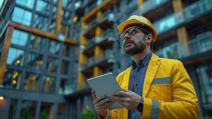 Obraz premium Generative AI : engineer holding a tablet inspecting a modern office building