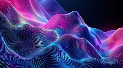 Obraz premium Abstract flowing waves of neon light particles create a futuristic digital landscape perfect for website headers and technology marketing campaigns.