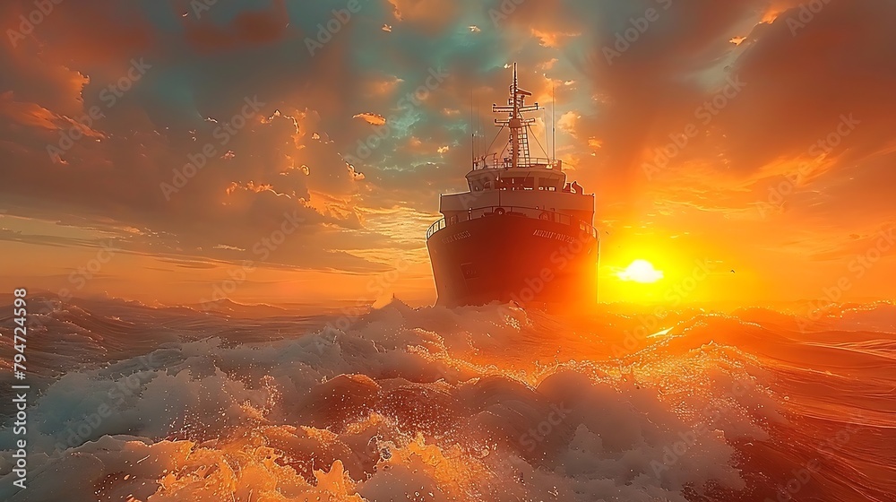 Poster Generative AI : Aerial view of a large, loaded container cargo ship traveling over open ocean