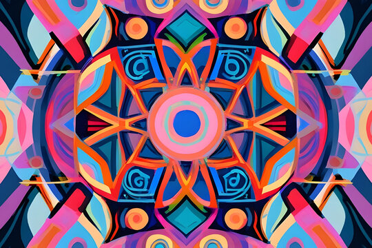 Illustration of colorful different seamless and geometric patterns in neo-primitive expressionism art on abstract background
