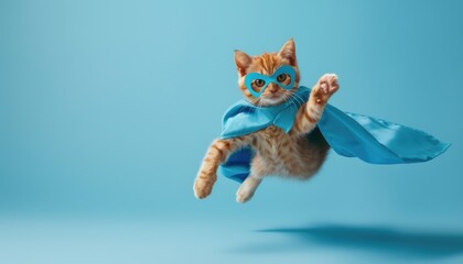 A cat wearing a blue cape and blue mask is flying through the air by AI generated image