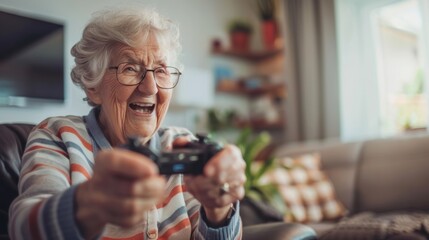 An elderly woman excitedly playing video games with a controller in her living room.