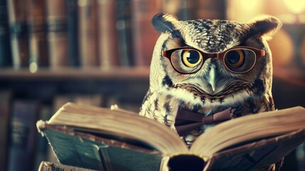 A whimsical image of an owl with glasses reading a book in a vintage library setting.