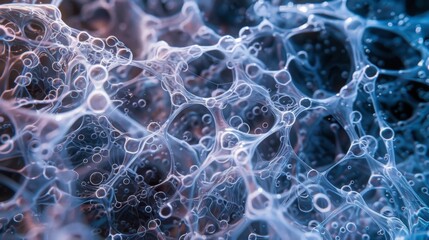 A delicate web of interwoven bacterial cells forming a biofilm that is anchored to a surface. Within this network specialized cells