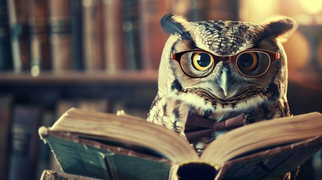 A whimsical image of an owl with glasses reading a book in a vintage library setting.