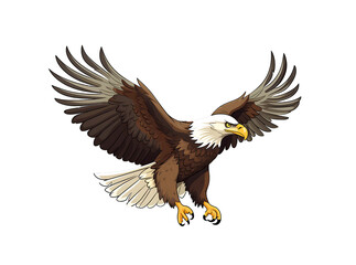 Cartoon bald eagle in flight with wings spread wide, showcasing detailed feathers and intense eyes. Generative AI