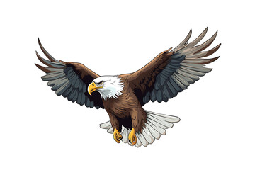 Cartoon bald eagle in flight with wings spread wide, showcasing detailed feathers and intense eyes. Generative AI