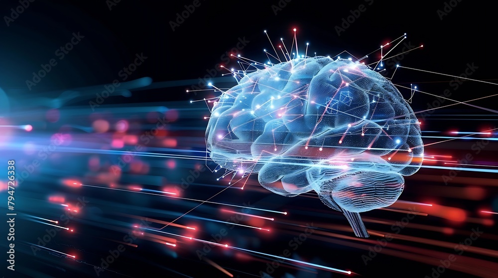 Poster Generative AI : a persons brain with algorithms inside