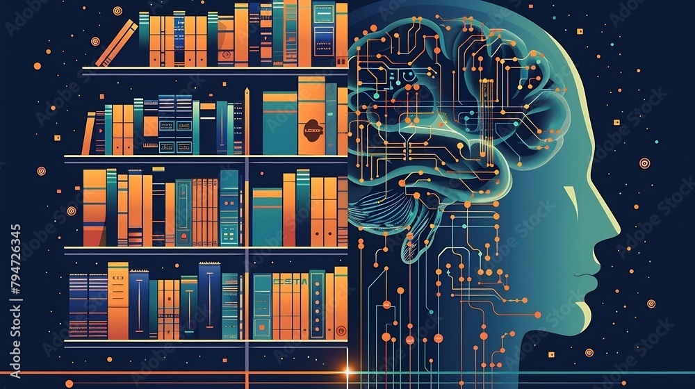 Poster Generative AI : A visually striking graphic that is split into two halves. On one side, depict a traditional library or database to symbolize Large Language Models