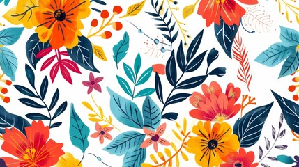 Fototapeta premium Abstract seamless pattern with colorful flowers and leaves