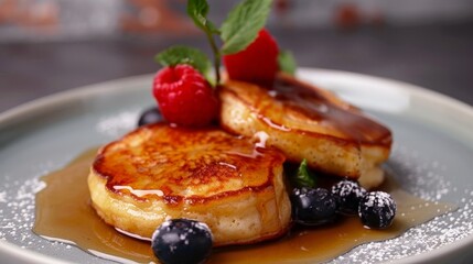 Plate of pancakes topped with syrup and berries - obrazy, fototapety, plakaty