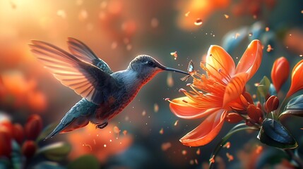Naklejka premium Generative AI : A closeup of a hummingbird in mid-flight, sips nectar from a flower
