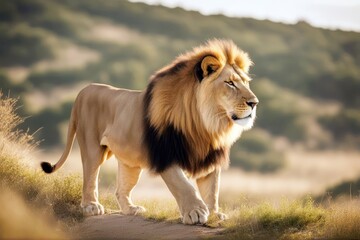 'strong hill confident lion proud regal standing africa male african nature king wildlife big cat...