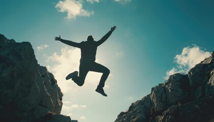 Obraz premium A man is jumping over a cliff with his arms outstretched by AI generated image