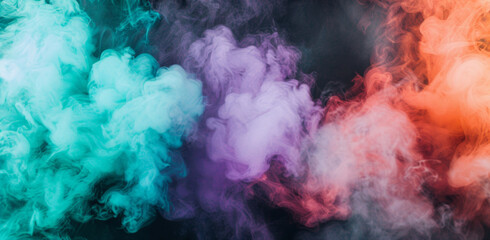 Vivid multicolored smoke swirling on a dark backdrop, abstract design concept. - obrazy, fototapety, plakaty
