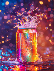 Soda Can with Colorful Smoke and Glittering Drops.