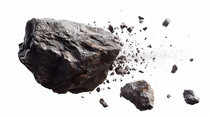 "White Rock on Black Background Falling in Space - Isolated Splash of Dust, Mountain Cliff Flying. Earth Stone Boulder Texture Abstract, Broken Powder, White Dirt Burst, Fantasy Surface."