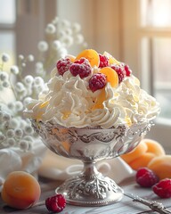 Generative AI : a pile of whipped cream in a silver antique coupe, topped with raspberries, apricots and elderberries