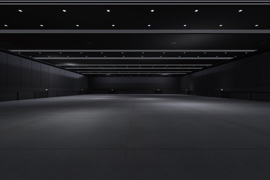 Empty hall exhibition centre.The backdrop for exhibition stands, booth,market,trade show.Conversation for activity,meeting.Arena for entertainment,event,sports.Indoor  for Factory,showroom.3d render.