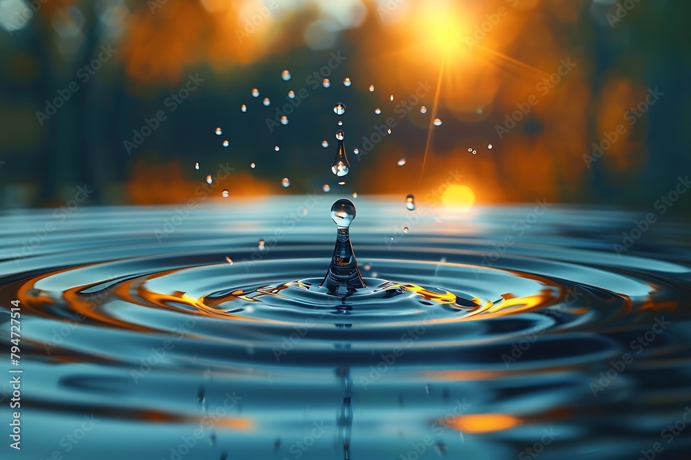 Fototapete generative ai : drop falling into the water and creating ripple effect