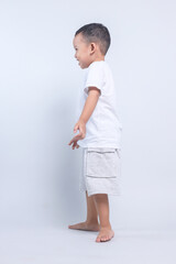 Full Length Portrait of Little Baby Boy Isolated Gray Background