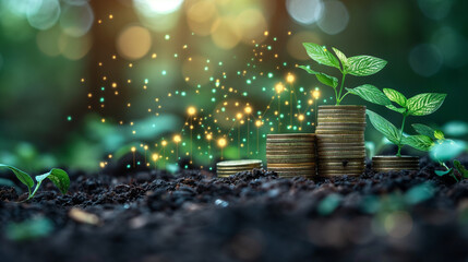 Investment Ideas and Business Growth. Coins stacked on the ground with a digital graph. Green business growth. Finance sustainable development. Investing in renewable energy is crucial for the future. - obrazy, fototapety, plakaty
