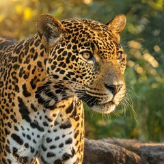 Obraz premium Jaguar side view, golden hour, jaguar in the wildlife, Ai Generate 