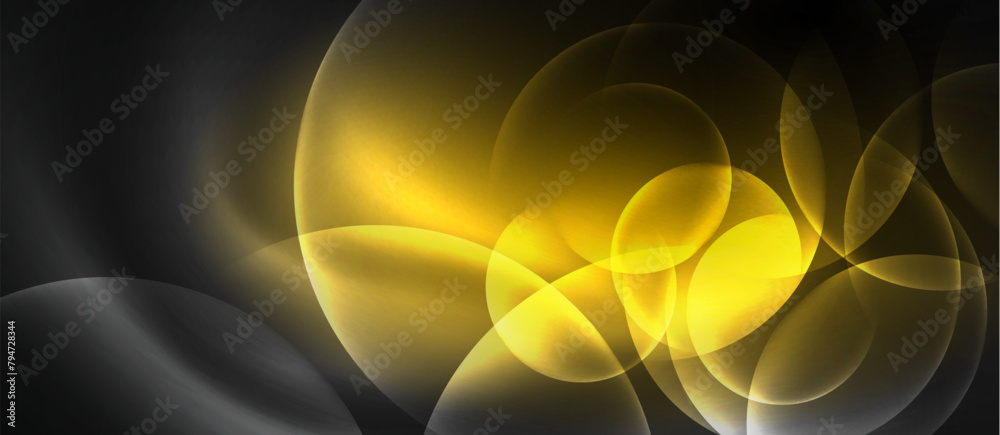 Poster a black background with yellow circles resembling petals of a flower on it, showcasing macro photogr