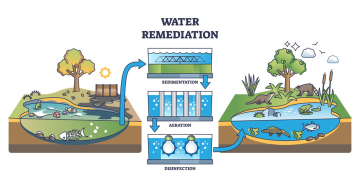 Water remediation process from polluted to clean outline diagram, transparent background. Labeled educational scheme with sedimentation, aeration and disinfection stages illustration.