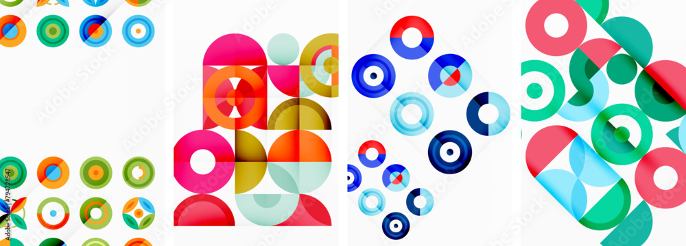 Poster a vibrant display of colorful circles, rectangles, and patterns on a white background, showcasing th