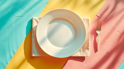 Top view on colored background empty round white plate on tablecloth for food, Empty dish on napkin with space for your design