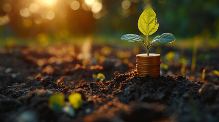 Seedling tree planted on top of growing money or coin stack with sky panorama. Green environment business investment and economy financial sustainable grow on environmental sustainability. Reliance. - obrazy, fototapety, plakaty