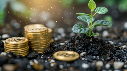 Seedling tree planted on top of growing money or coin stack with sky panorama. Green environment business investment and economy financial sustainable grow on environmental sustainability. Reliance. - obrazy, fototapety, plakaty