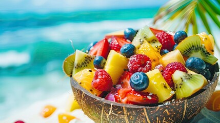 Colorful fruit salad in a coconut bowl on the beach